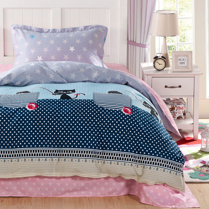 Attractive Blue and Black Cat Print Cotton Bedding Set