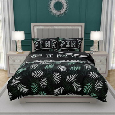 VS Pink Pattern with Green and White Palm Leaves Bedding Set