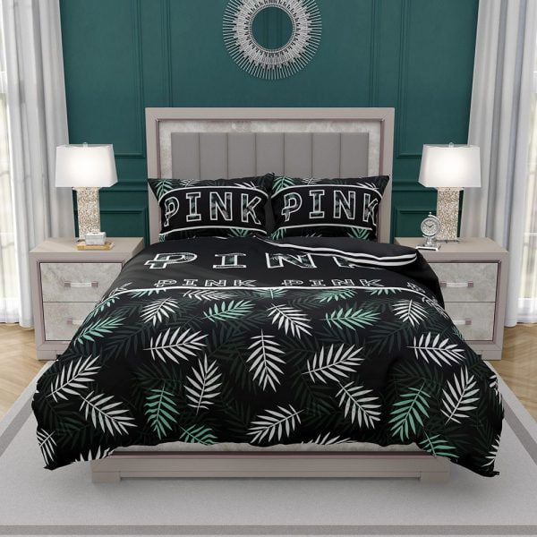 VS Pink Pattern with Green and White Palm Leaves Bedding ...